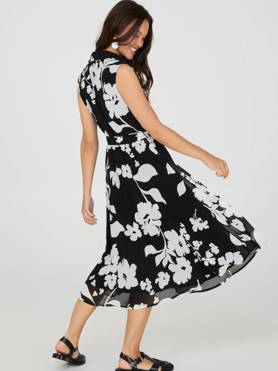 Sleeveless Floral Print Button-Front Midi Dress