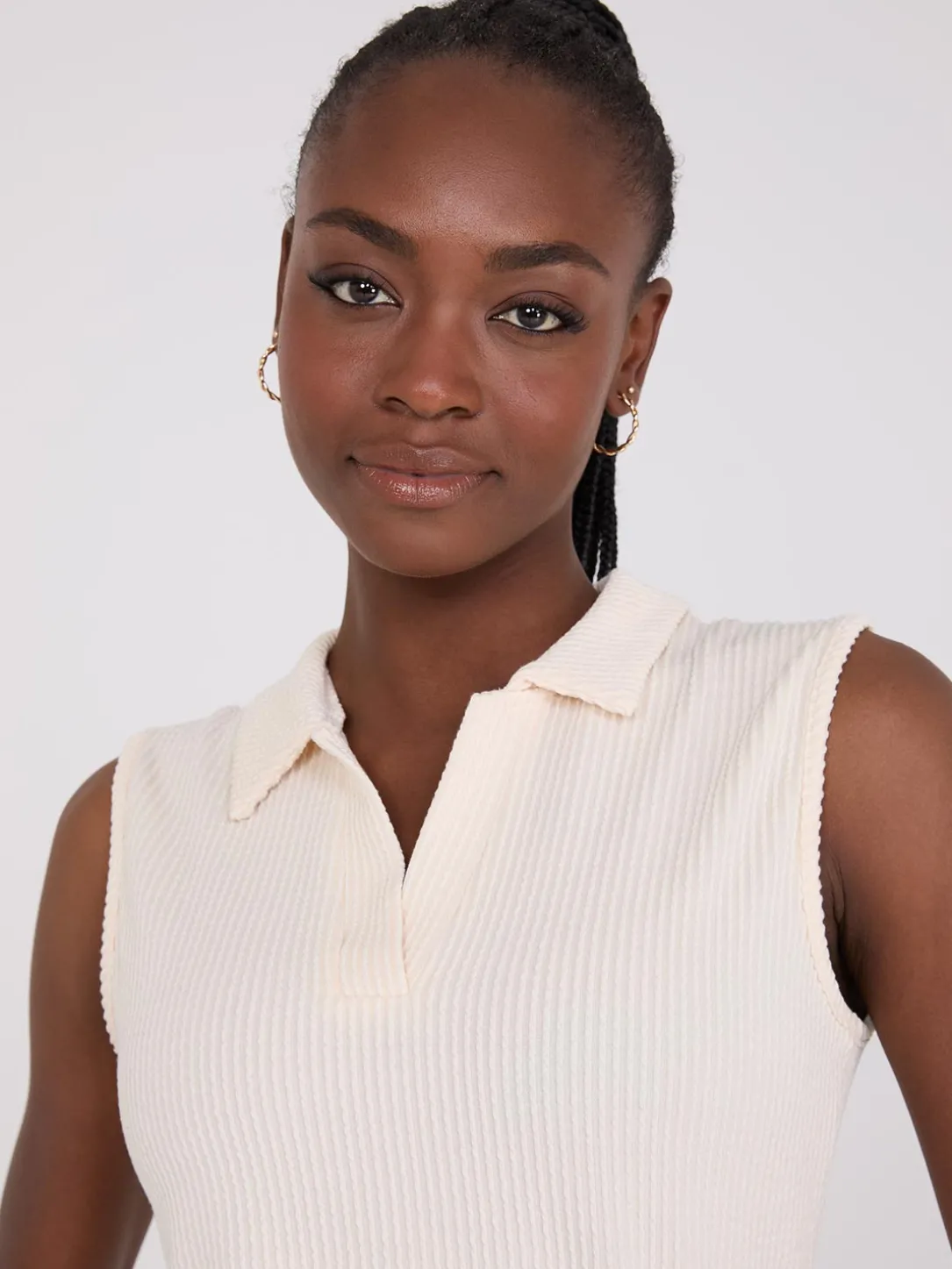 Sleeveless Johnny Collar Ribbed Top