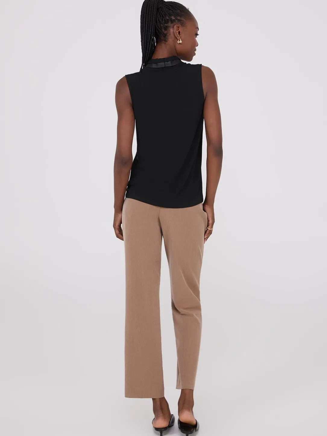 Sleeveless Pleated Faux Leather V-Neck Top