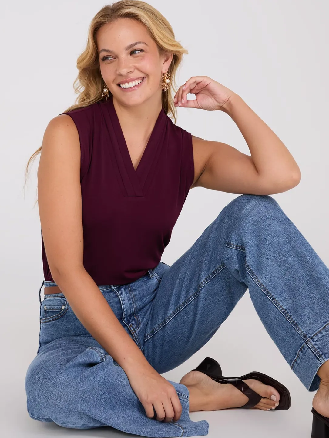 Sleeveless Pleated V-Neck Top