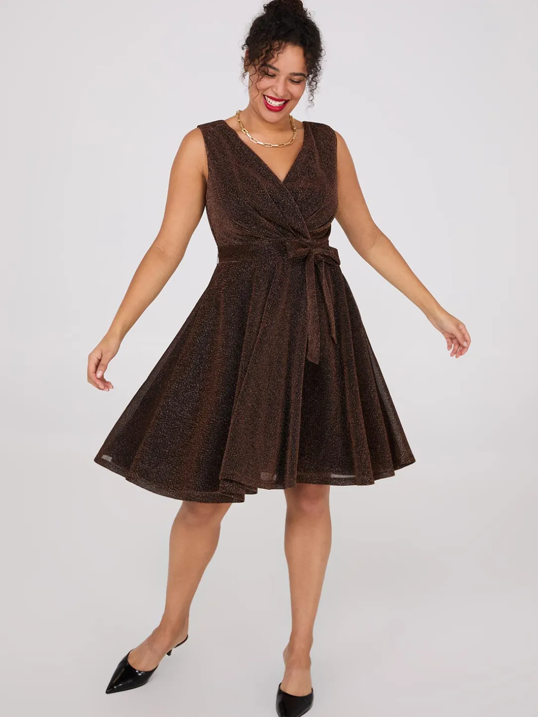 Sleeveless Shimmer Crossover Fit & Flare Dress