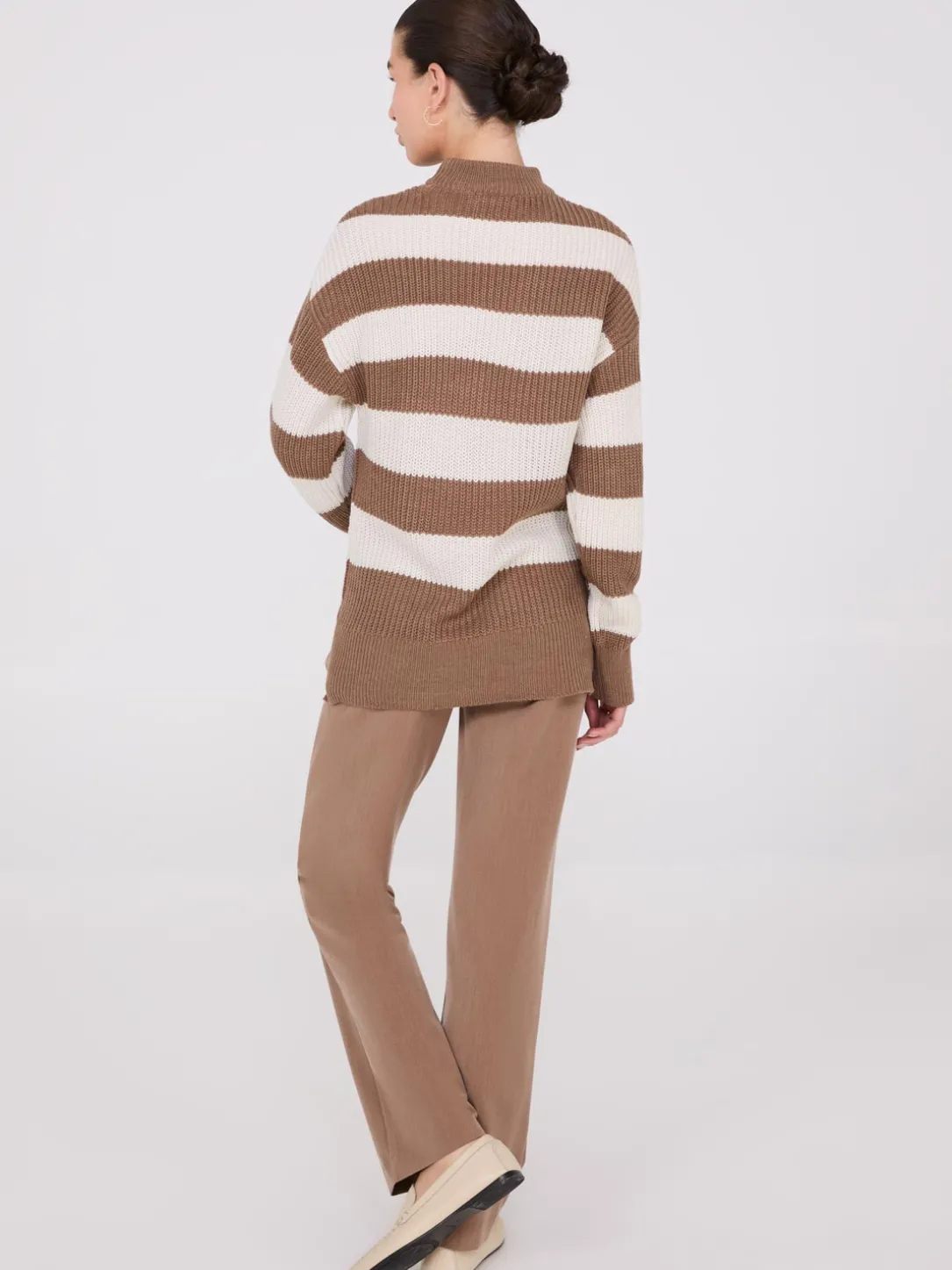 Striped Mock Neck Sweater With Side Slits