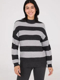 Striped Mock Neck Sweater With Side Slits