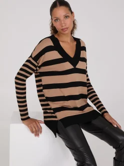 Striped Ribbed V-Neck Tunic Top