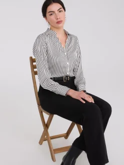 Striped Satin Notch Collar Blouse