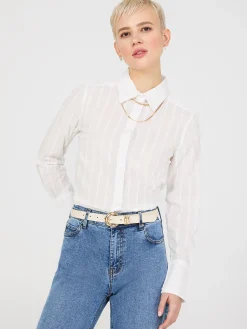 Textured Long Sleeve Button-Front Blouse
