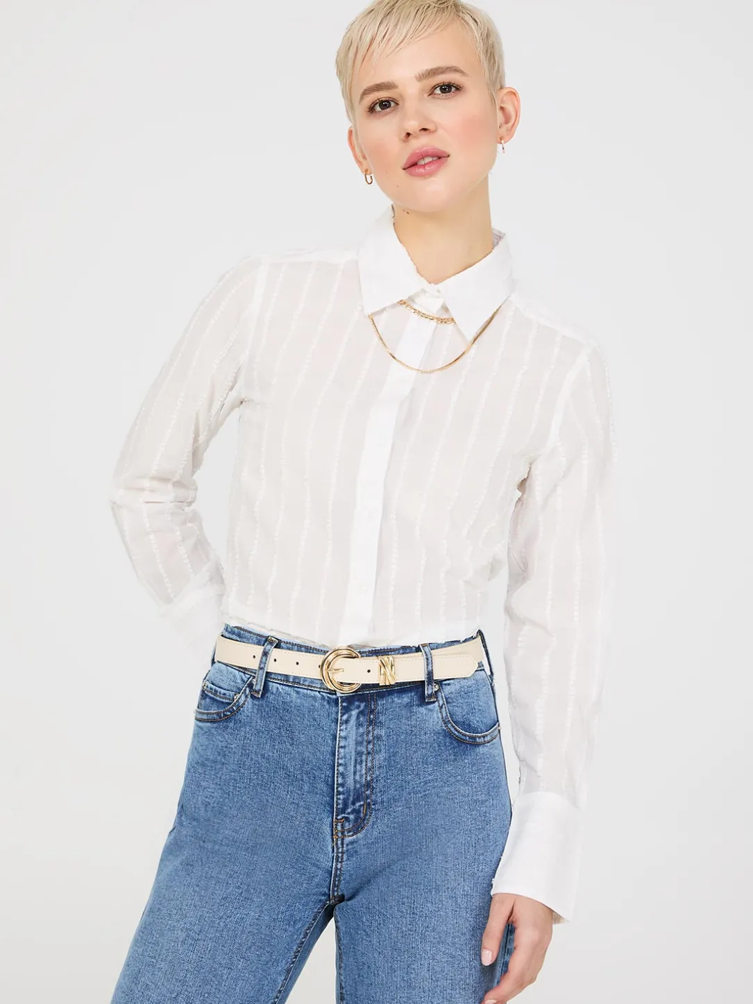 Textured Long Sleeve Button-Front Blouse