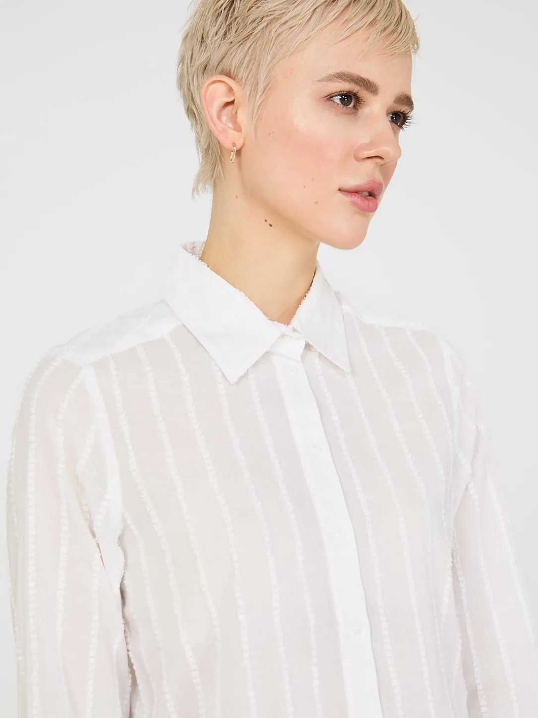 Textured Long Sleeve Button-Front Blouse