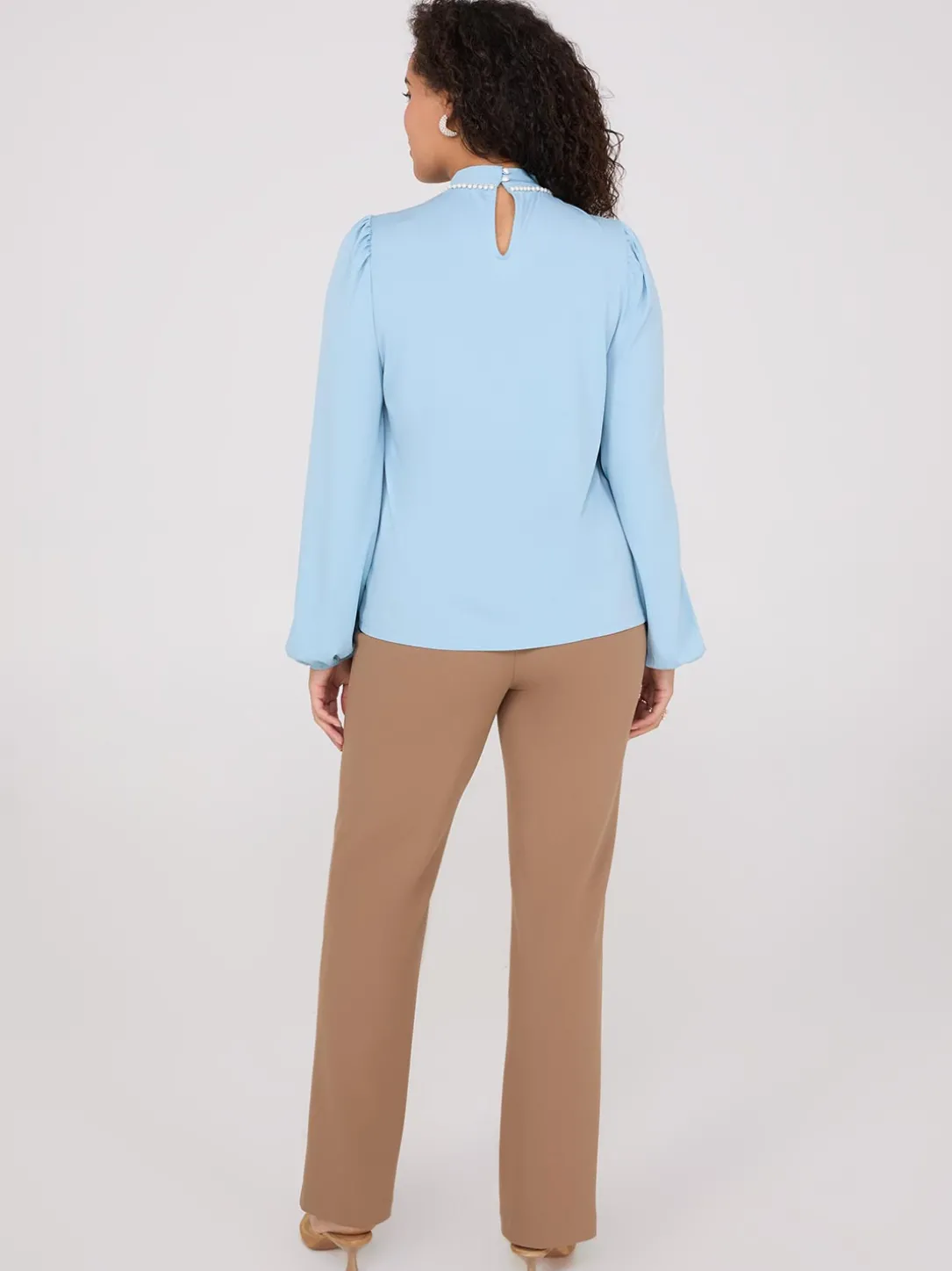 Textured Mock Neck Top With Pearl Details