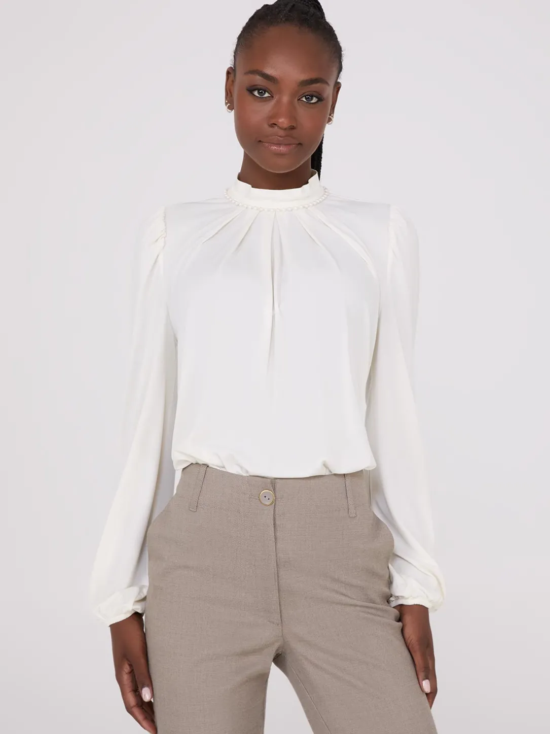 Textured Mock Neck Top With Pearl Details