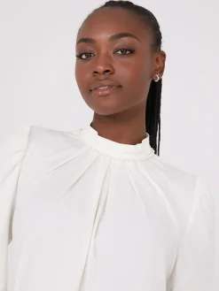 Textured Mock Neck Top With Pearl Details