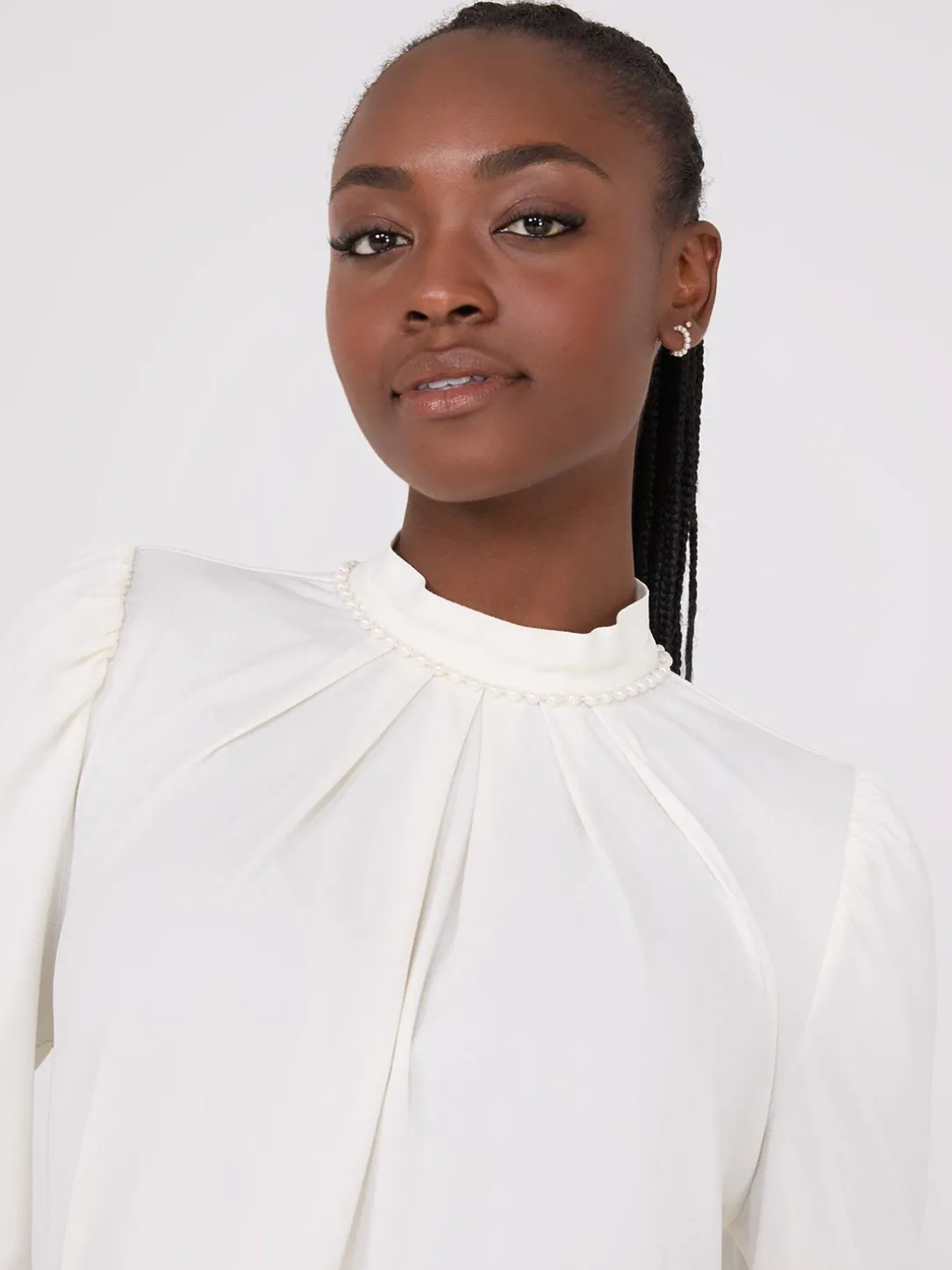 Textured Mock Neck Top With Pearl Details