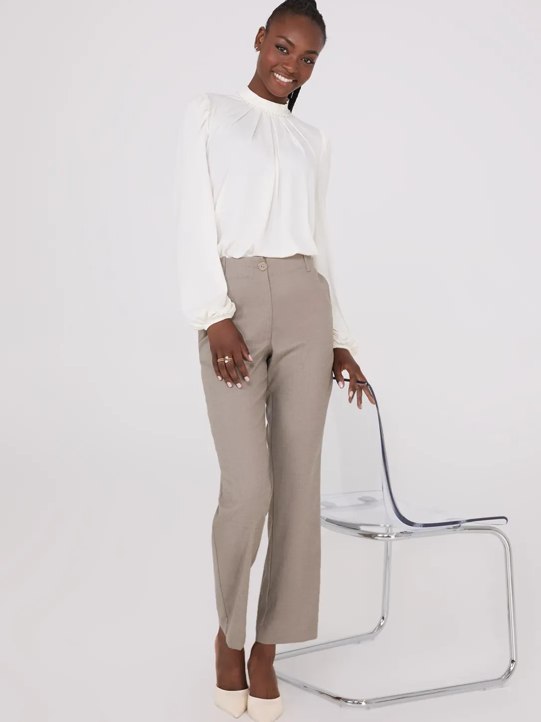 Textured Mock Neck Top With Pearl Details
