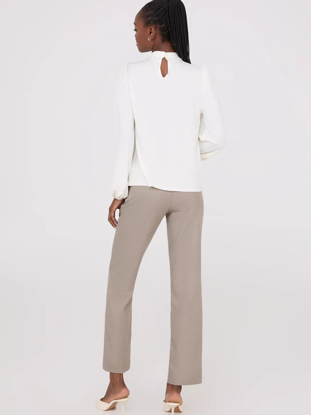 Textured Mock Neck Top With Pearl Details