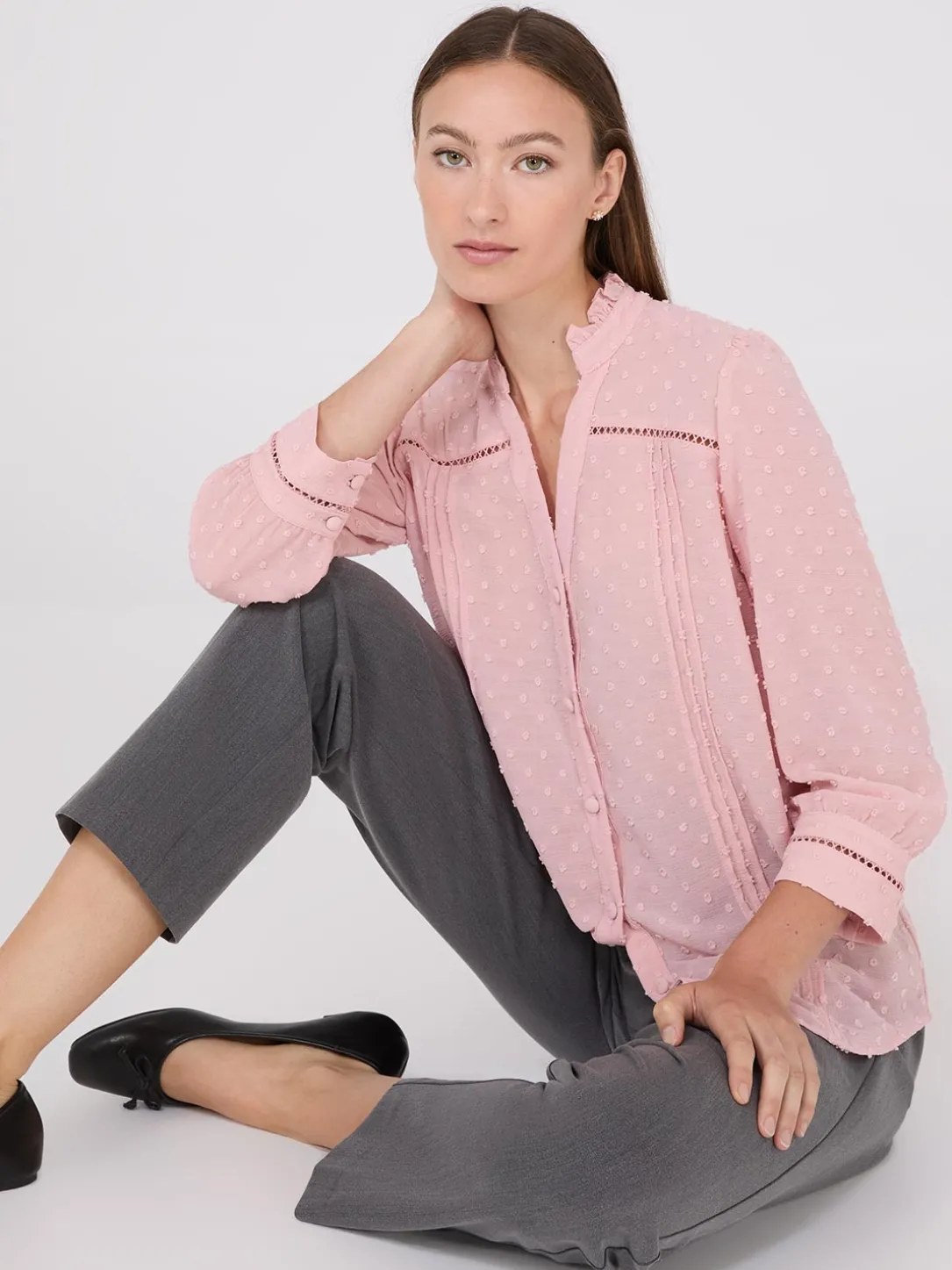 Textured Split Collar Button-Front Blouse