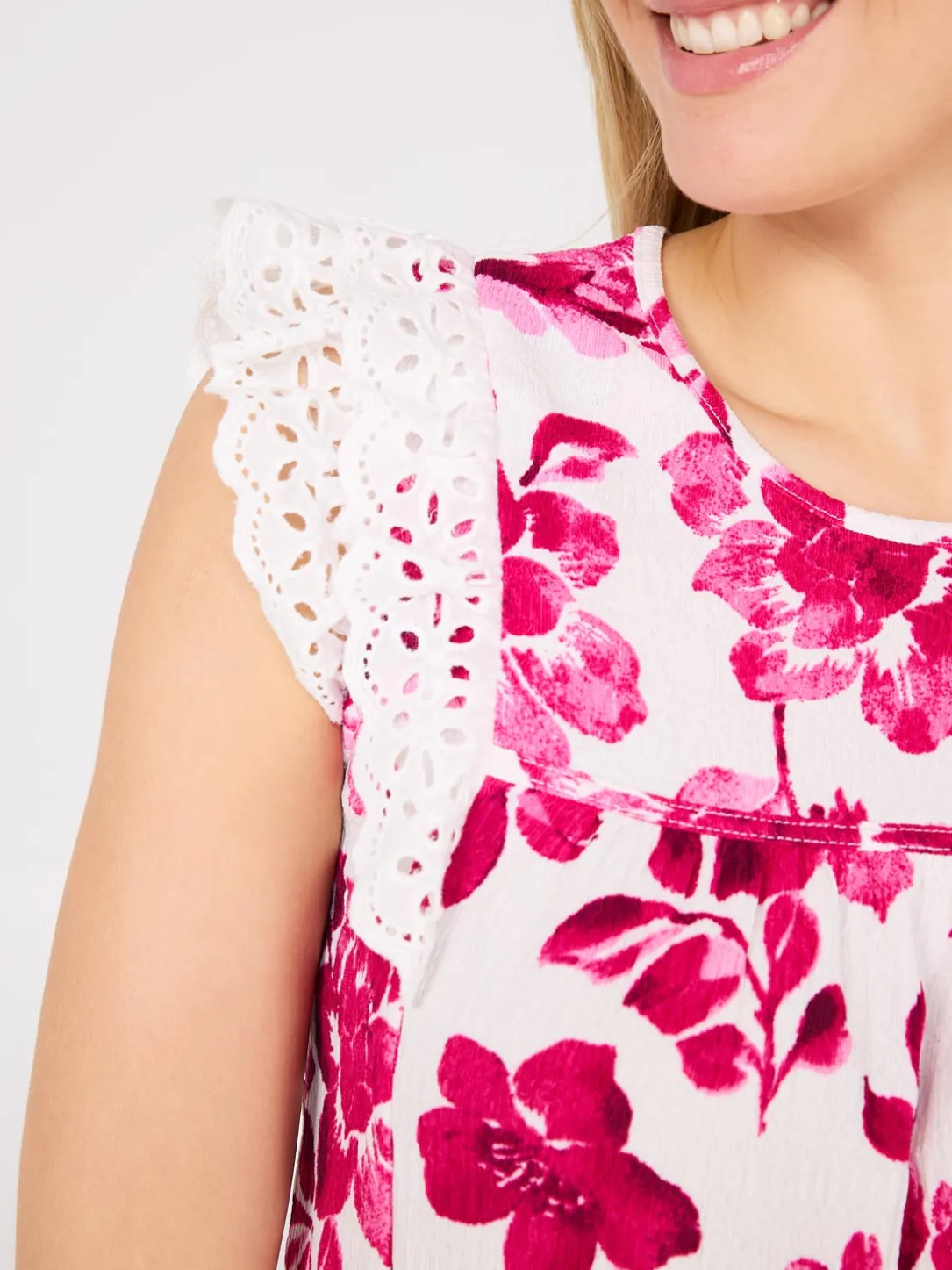 Watercolour Floral Print Top With Eyelet Ruffle Sleeves