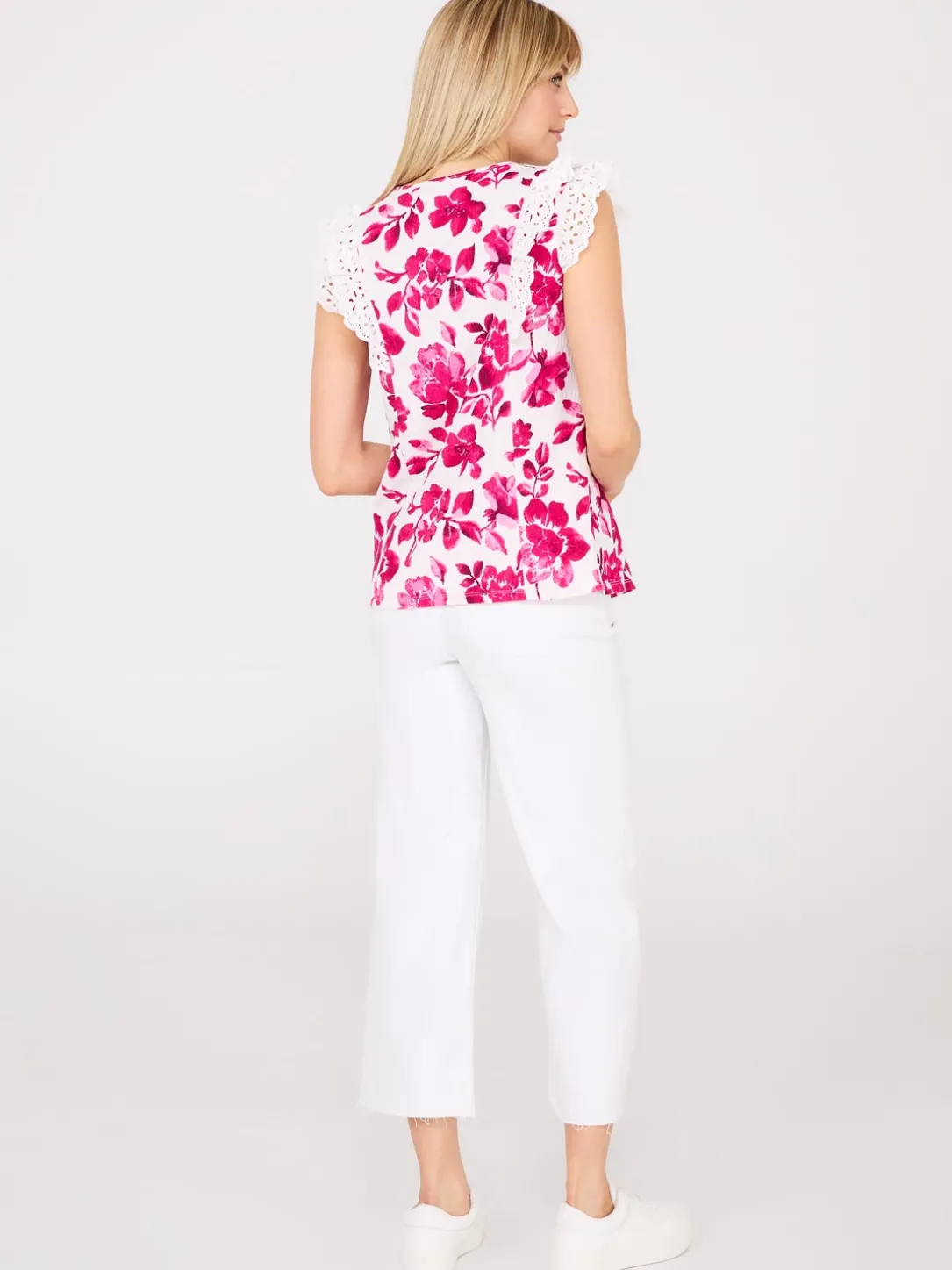 Watercolour Floral Print Top With Eyelet Ruffle Sleeves
