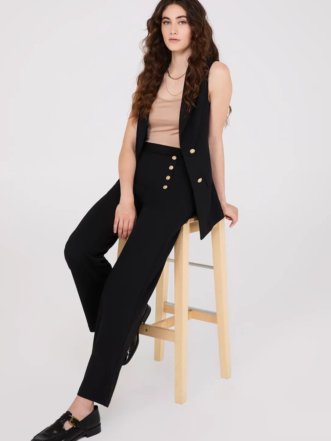 Wide-Leg Pants With Gold Button Details